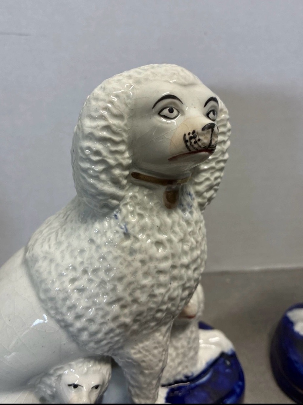 Pair Of Staffordshire 19 c. Poodle Mum With 2 Pups Cobalt Base Gilt Trim - Picture 3 of 16